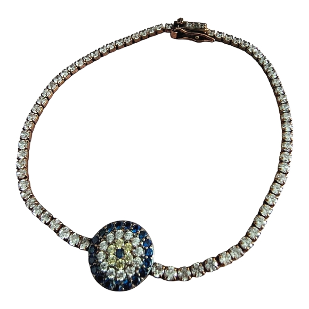 Sterling Silver '925' Gold Vermeil Clear Rhinestone Evil Eye Tennis Bracelet - Picture 5 of 10